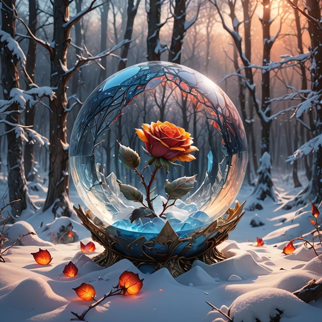Glowing Crystal Rose in Snowy Glass Ball