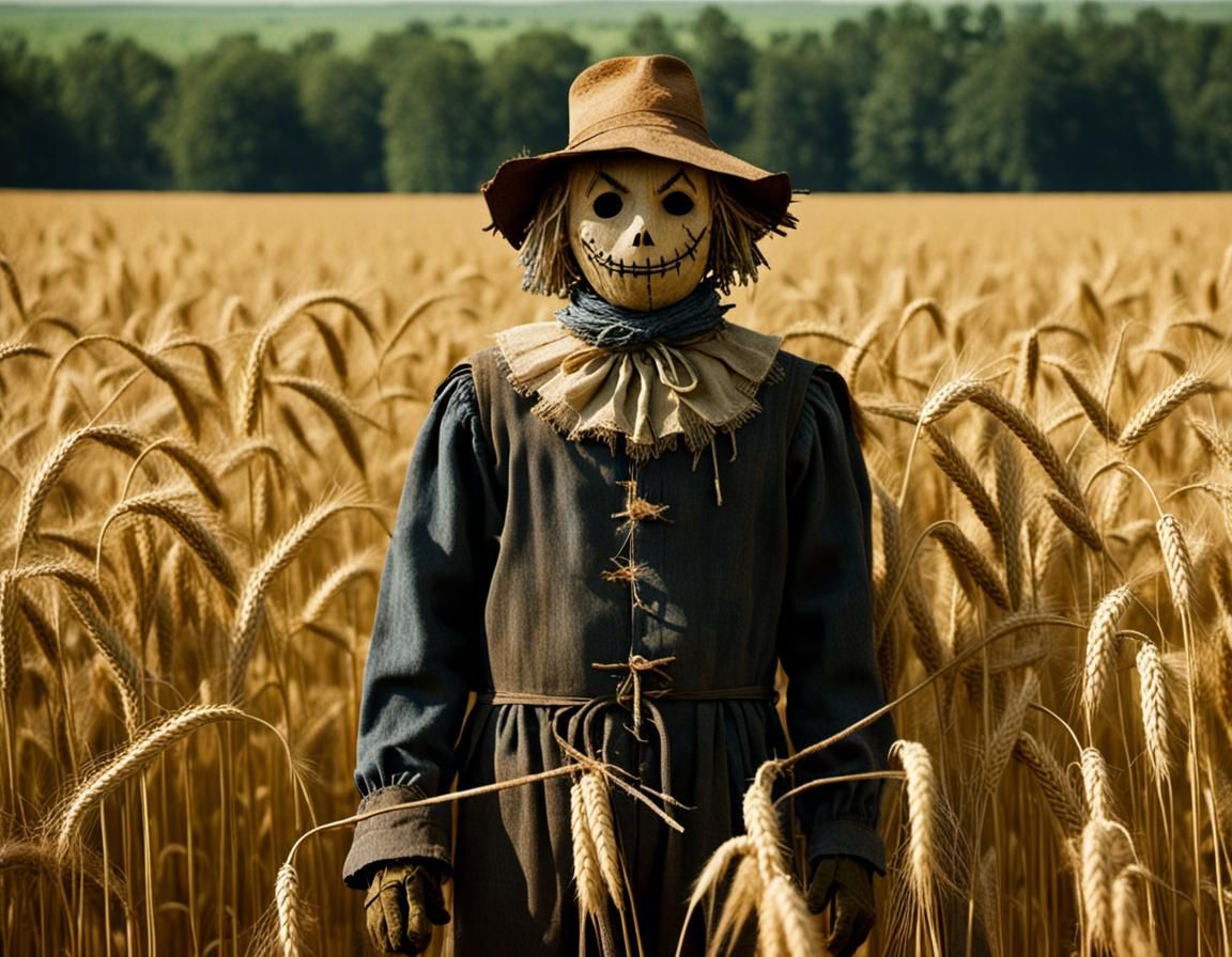 Eerie Scarecrow in Wheat Field: Cinematic Mystery