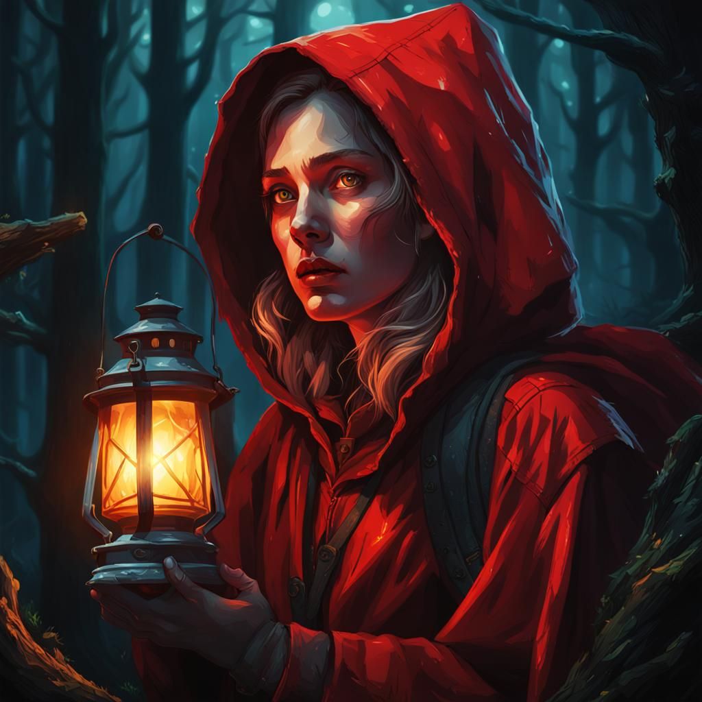 Red Riding Hood in Dark Forest: Hyperrealistic Splash Art