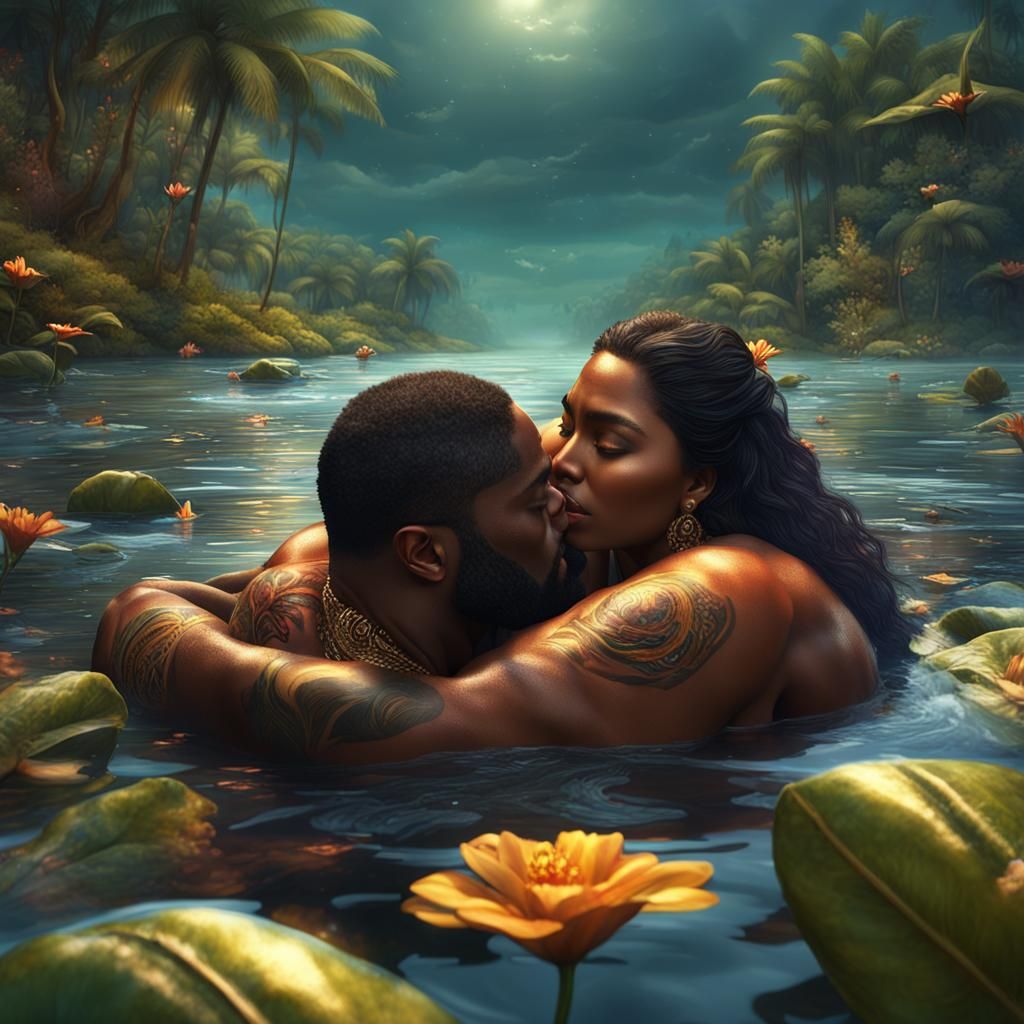 Romantic River Scene: Latino Woman and Tribal Man