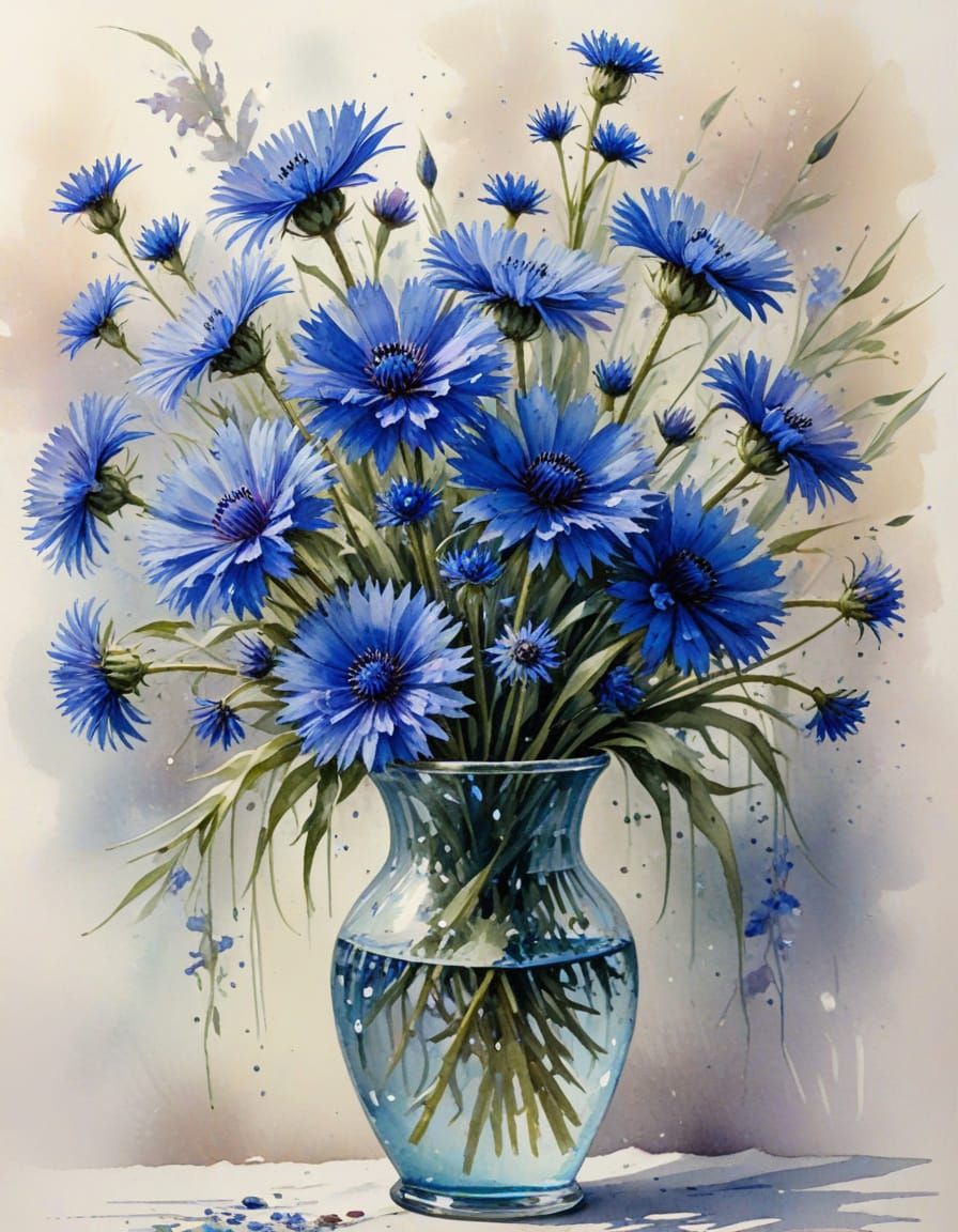 Blue Cornflowers in Vase Watercolor Painting