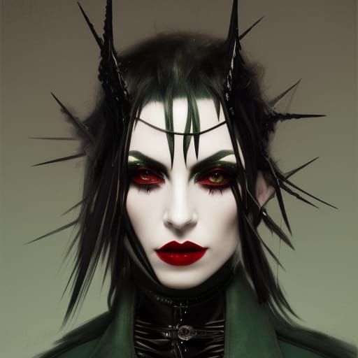 Ethereal rebellious Gothic witch with Black leather coat with spike started all over it& jet black hair& Green eyes& smo...