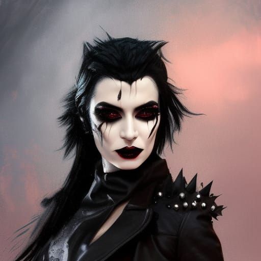 Ethereal rebellious Gothic witch with Black leather coat with spike started all over it& jet black hair& Green eyes& smo...