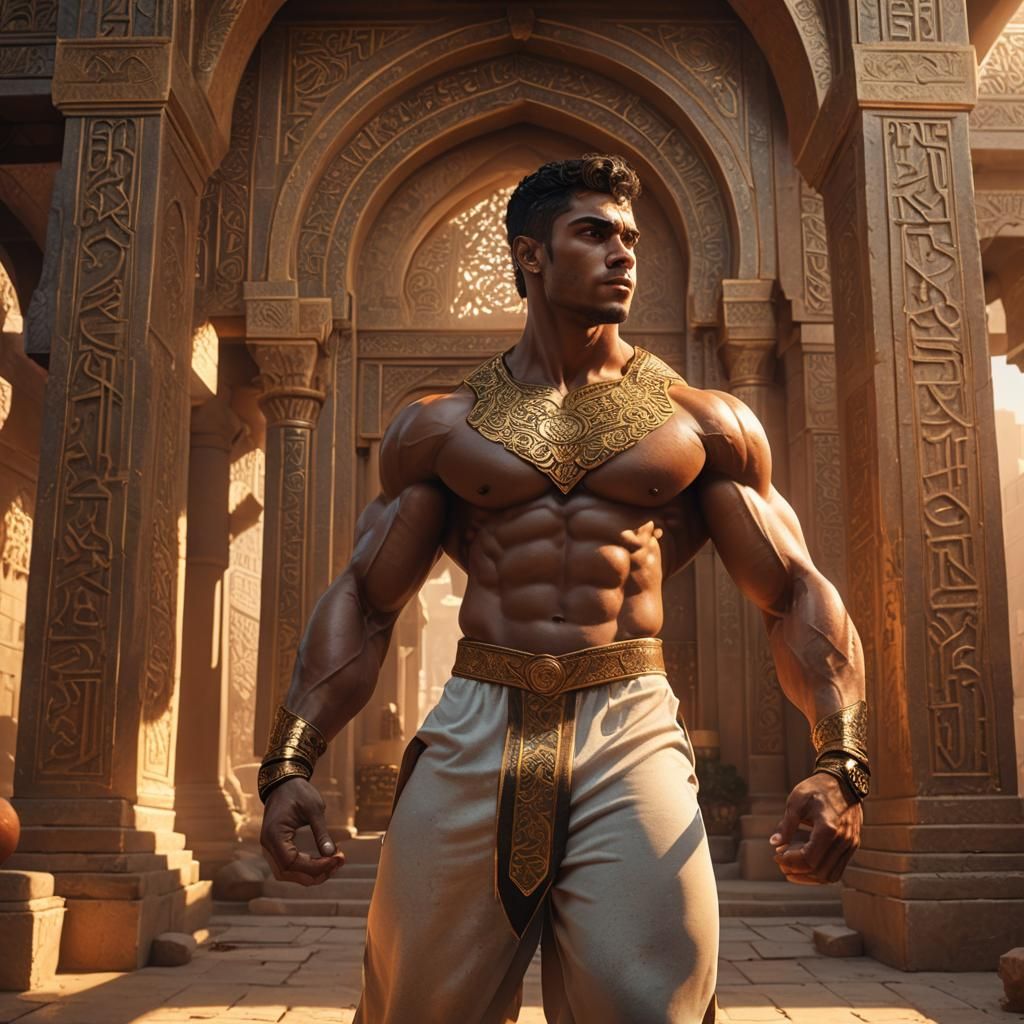 Teen Bodybuilder in Ancient Middle Eastern Temple
