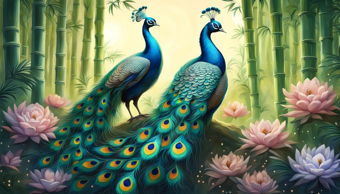 Fantasy Peacock in Moonlit Bamboo Forest