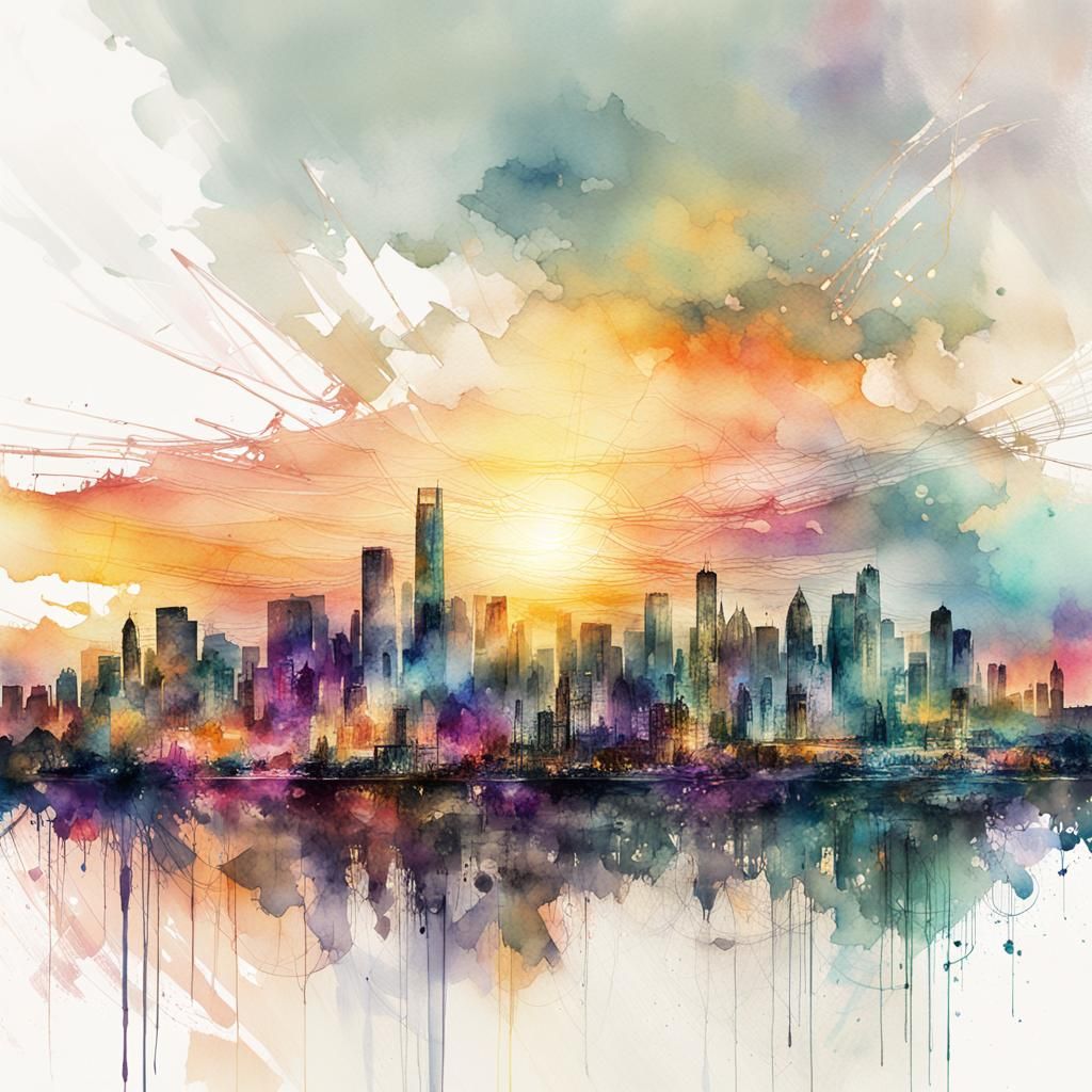 City Sunset Digital Watercolor Illustration