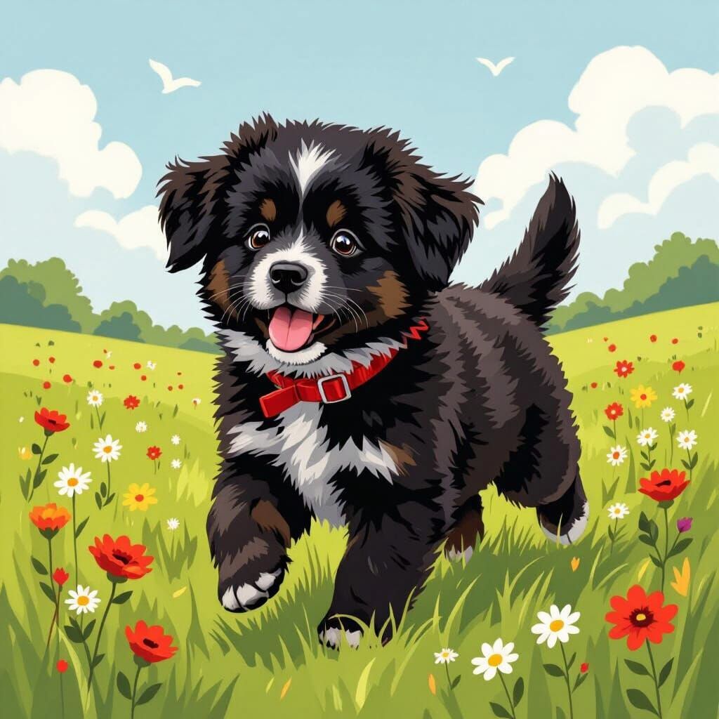 Fluffy Newfoundland Puppy Plays in Wildflower Meadow