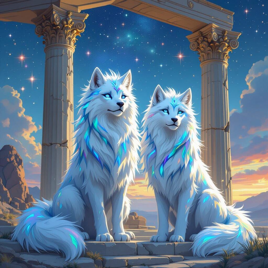 Blue Iridescent Lions Under Starry Sky, in Mystical Realism