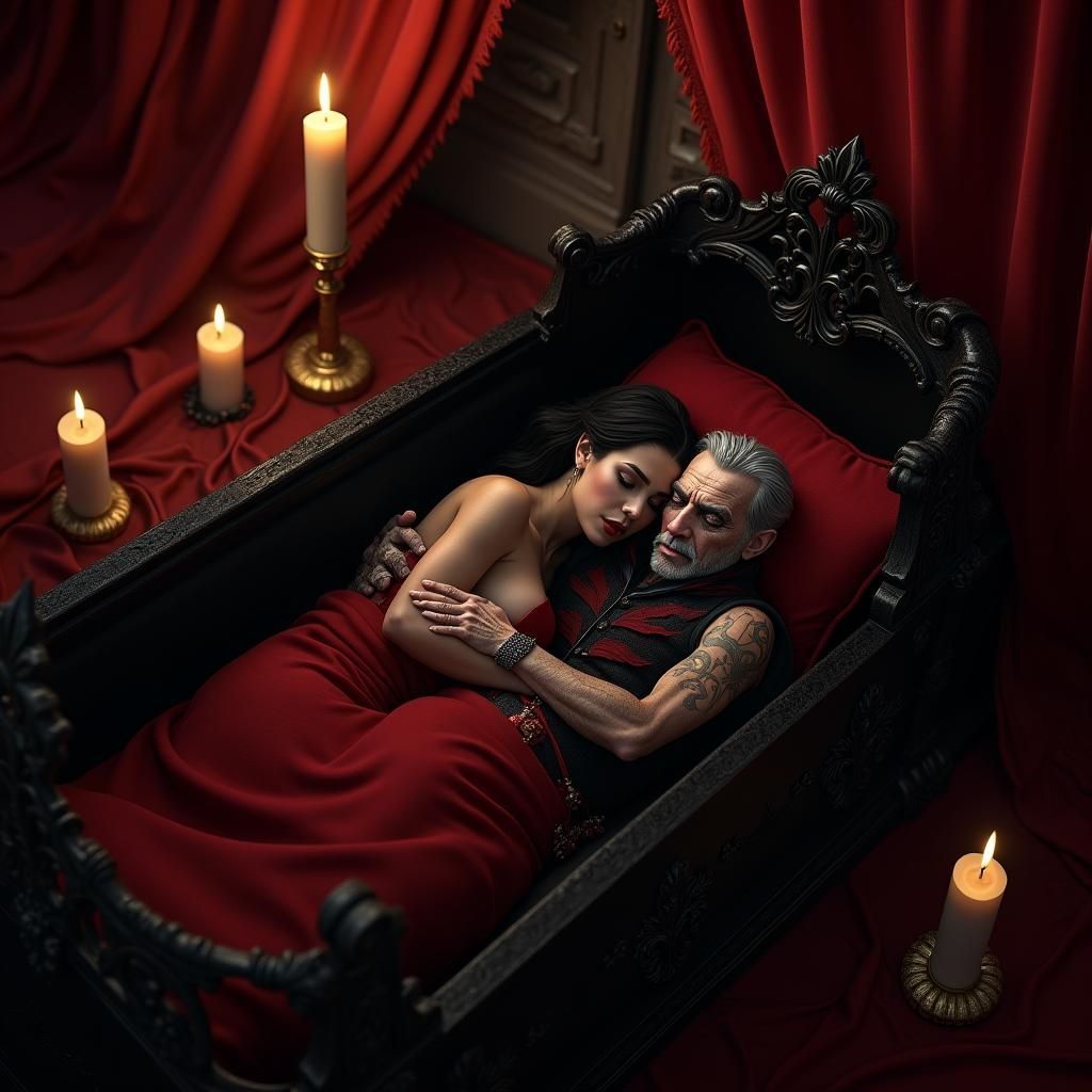 Gay Vampires in Ornate Coffin, Gothic Fantasy Art