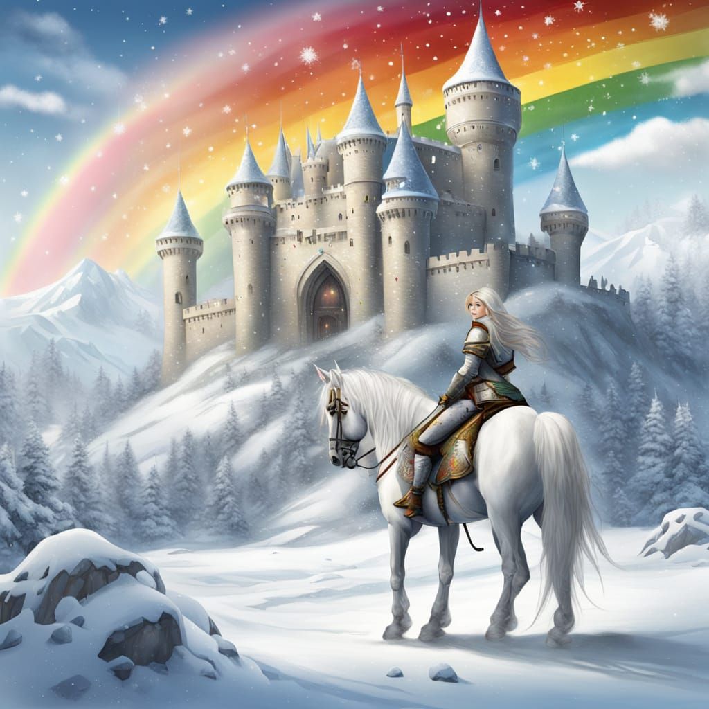 Ethereal Winter Kingdom Scene with Princess and Knight
