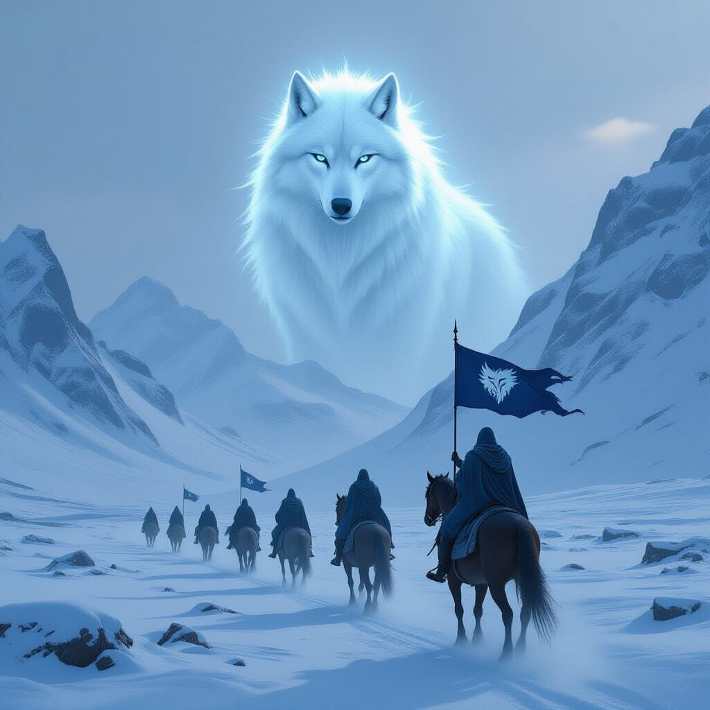Warriors on Horseback Led by Spirit Wolf