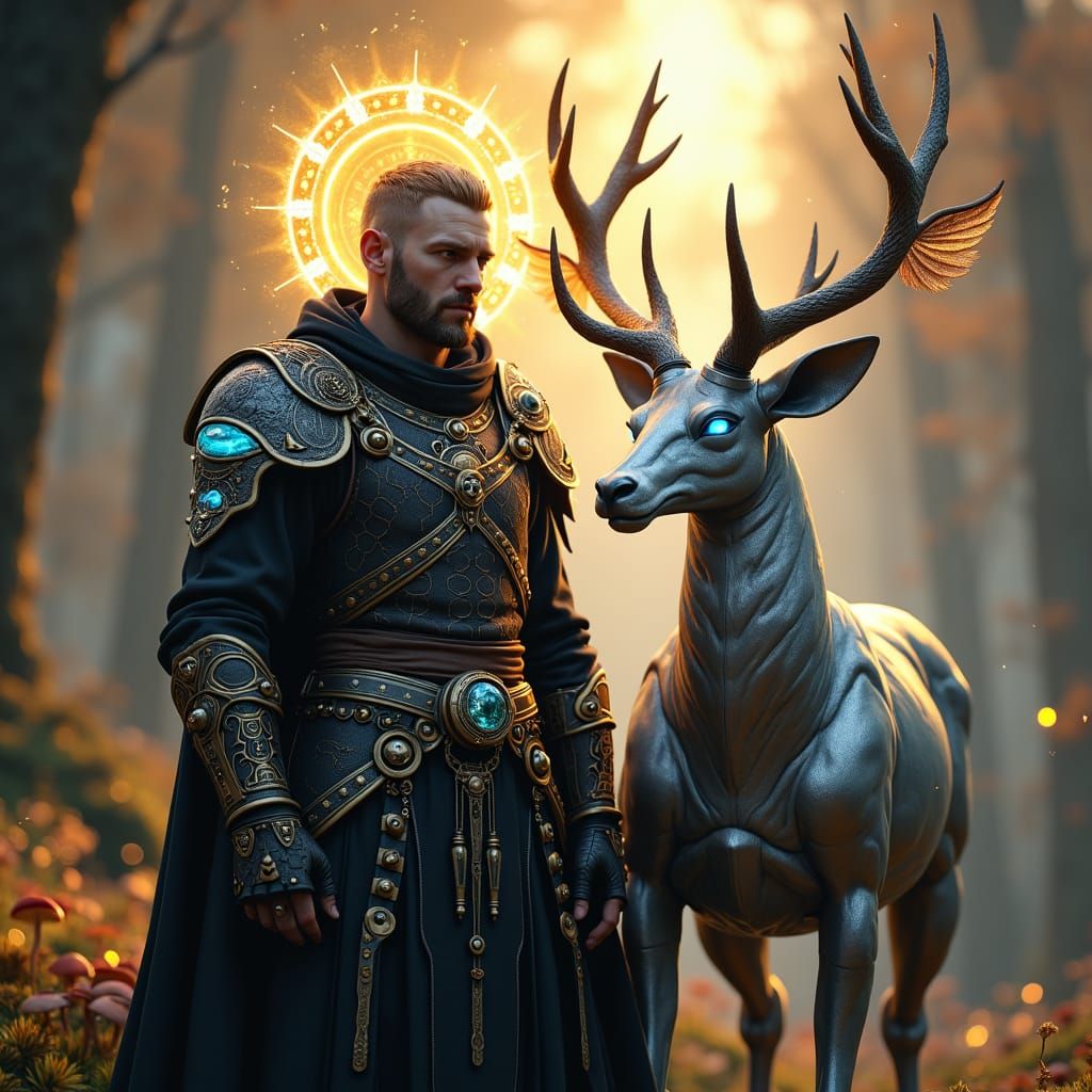 Aasimar Artificer with Mechanical Stag in Mystical Forest