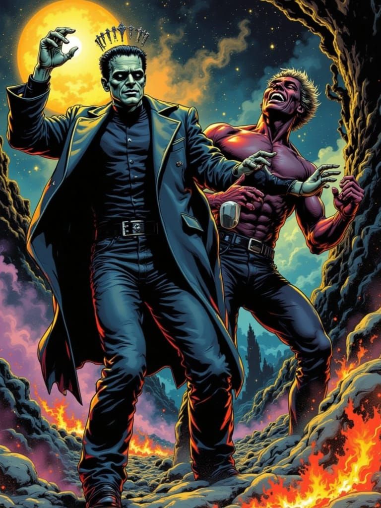 Frankenstein’s monster fighting Darkseid in the style of  Ed...