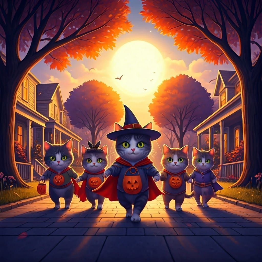 Cats in Halloween Costumes on Suburban Street