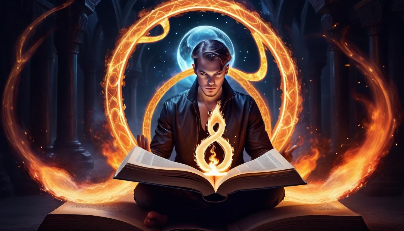 Psychic with Flaming Infinity Sign in Fairytale Book