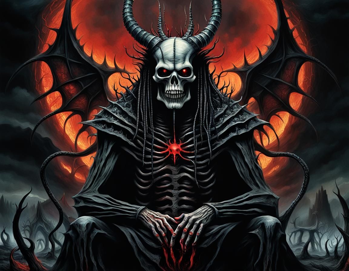 Demonic Figure Overlooking Underworld in Biomechanical Style