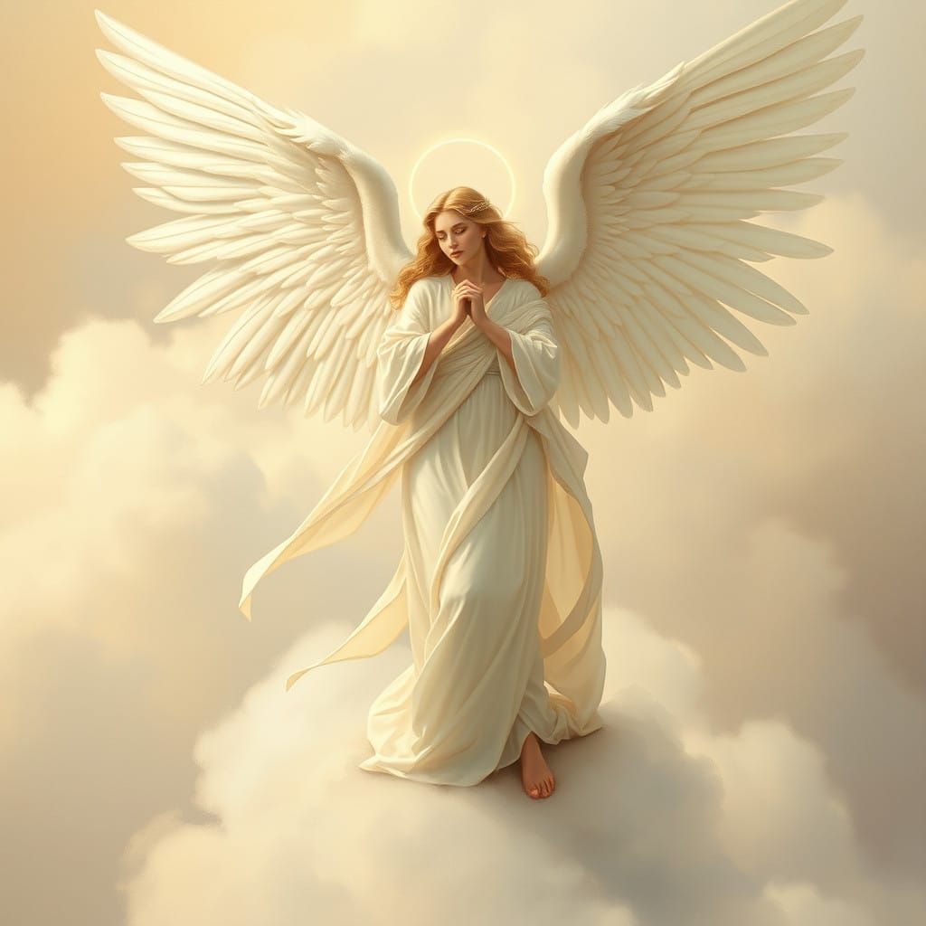 Ethereal Angel Ascends from Cloudy Skies in Soft, Feathery T...