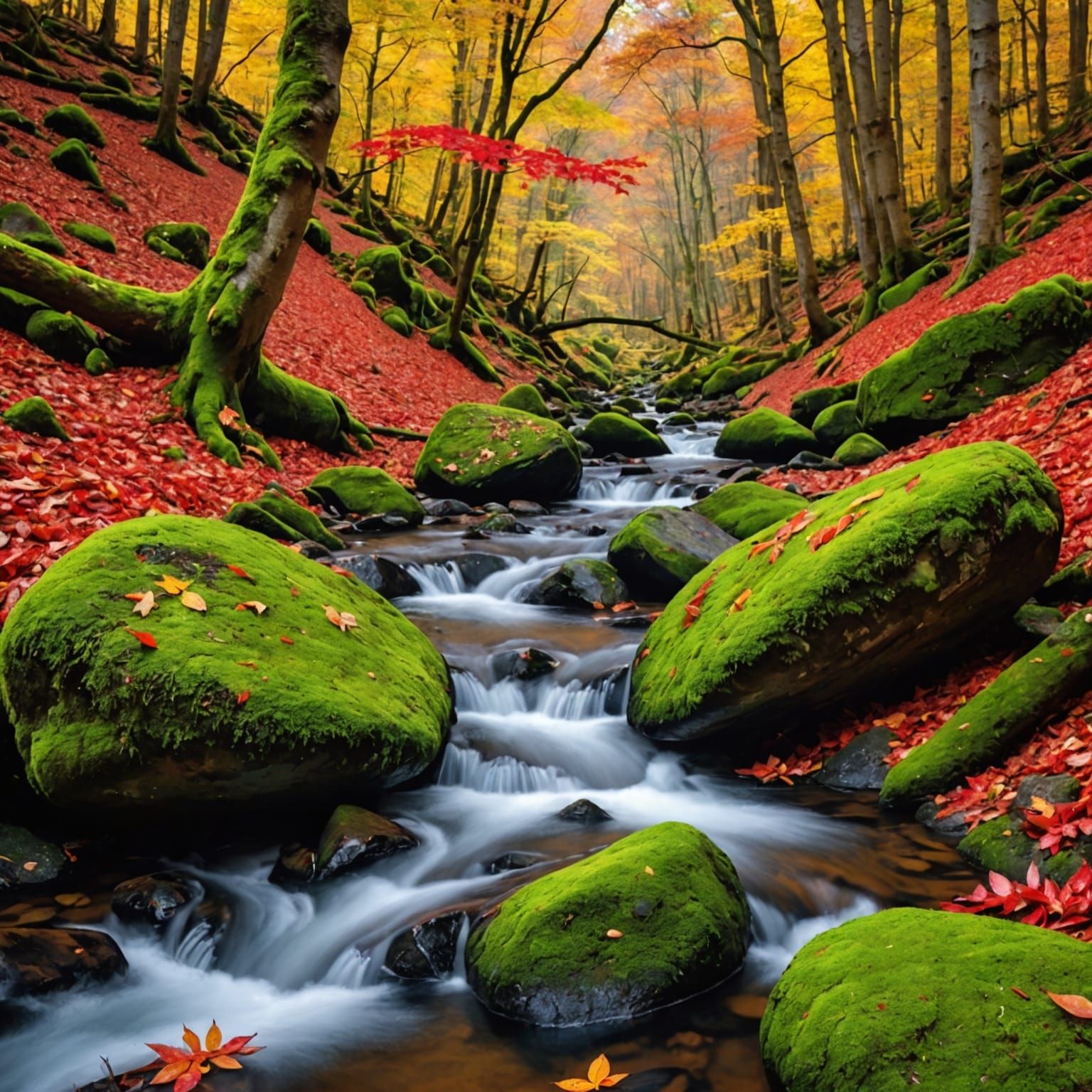 Autumn Beech Forest Stream: A Close-Up View