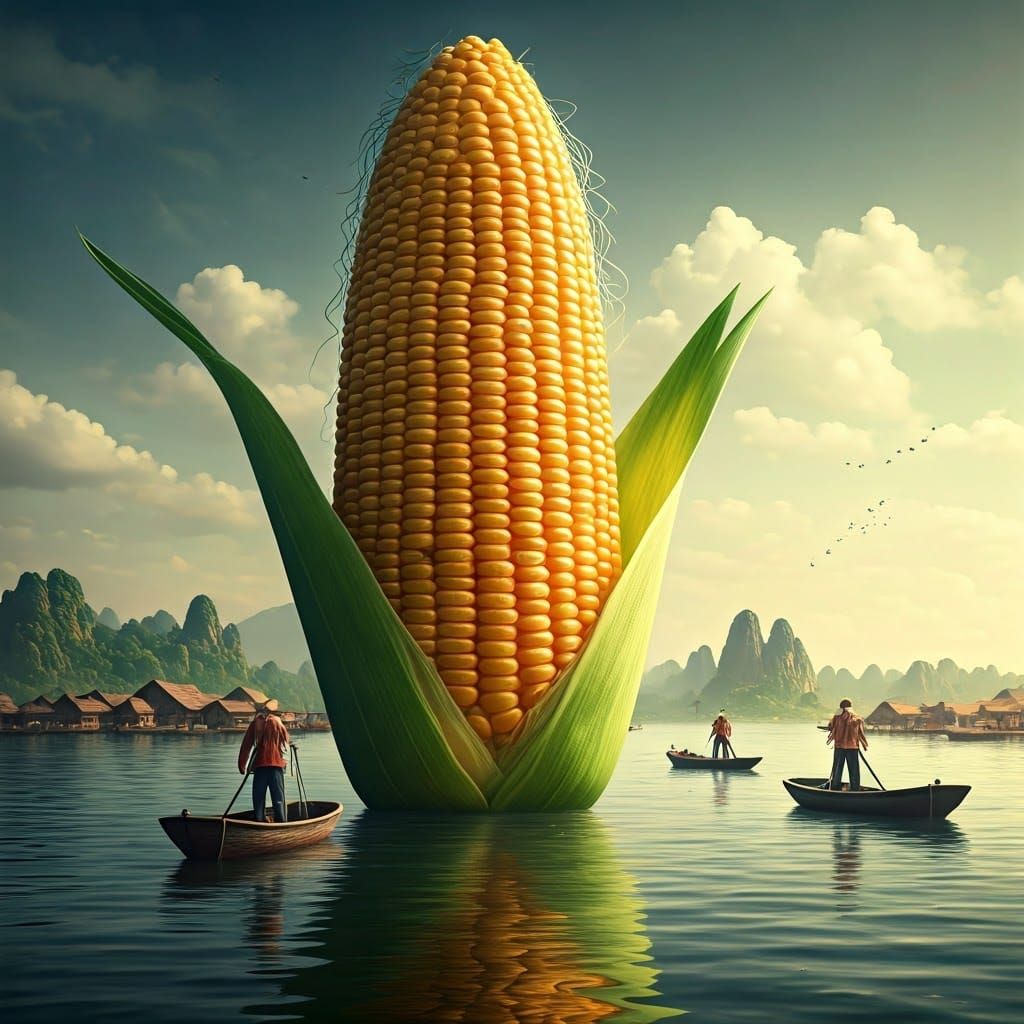 Giant Corn Cob in Lake Fantasy Scene