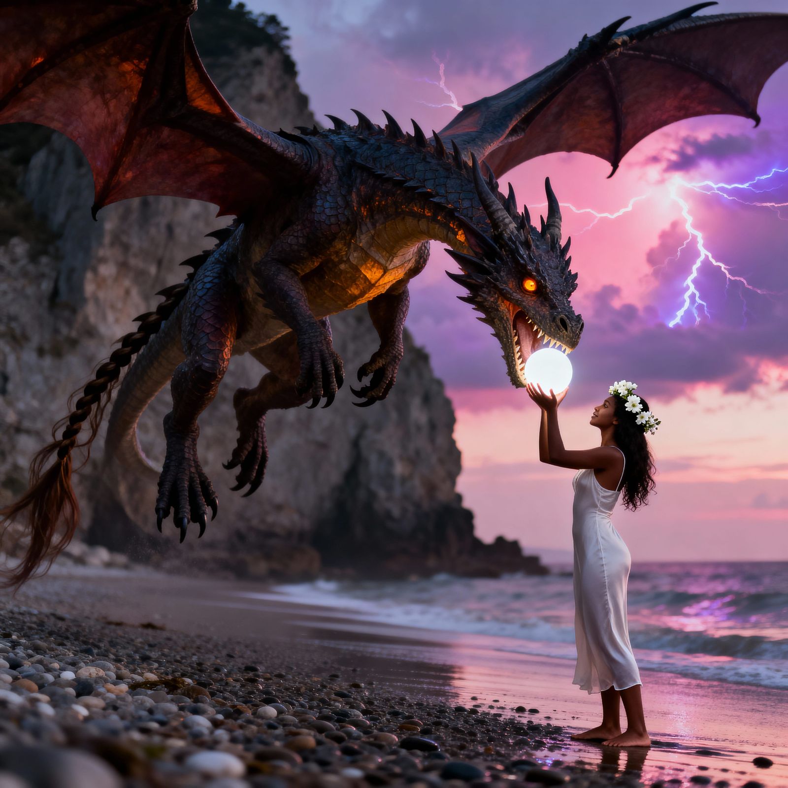 Hyper Realistic Dragon Descends on Beach Towards Maiden