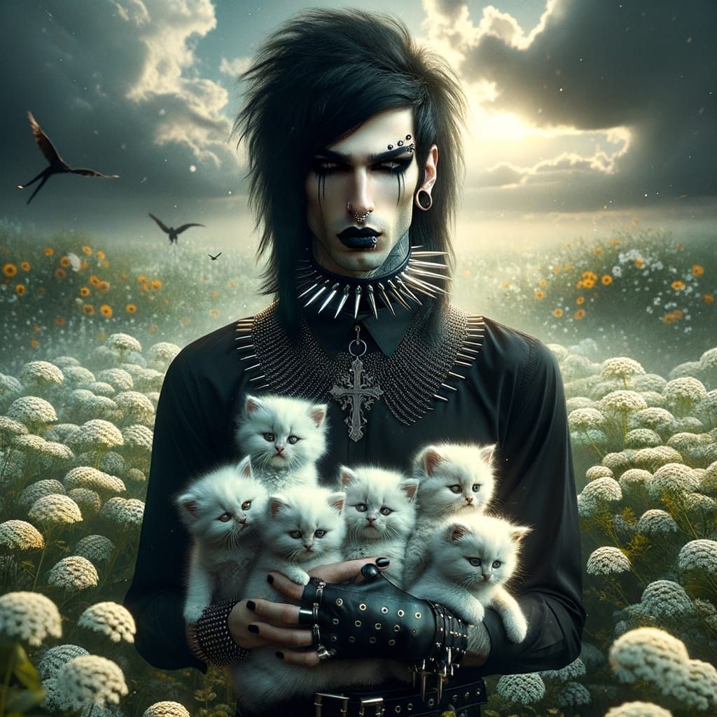 Stern Goth Man Cradles Adorable Kittens in Flower Field