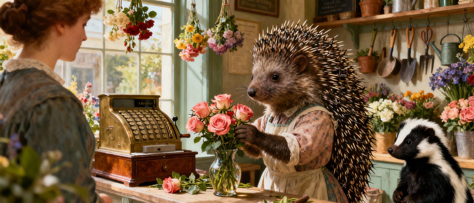 Adorable Porcupine Florist Arranges Bouquet in Shop