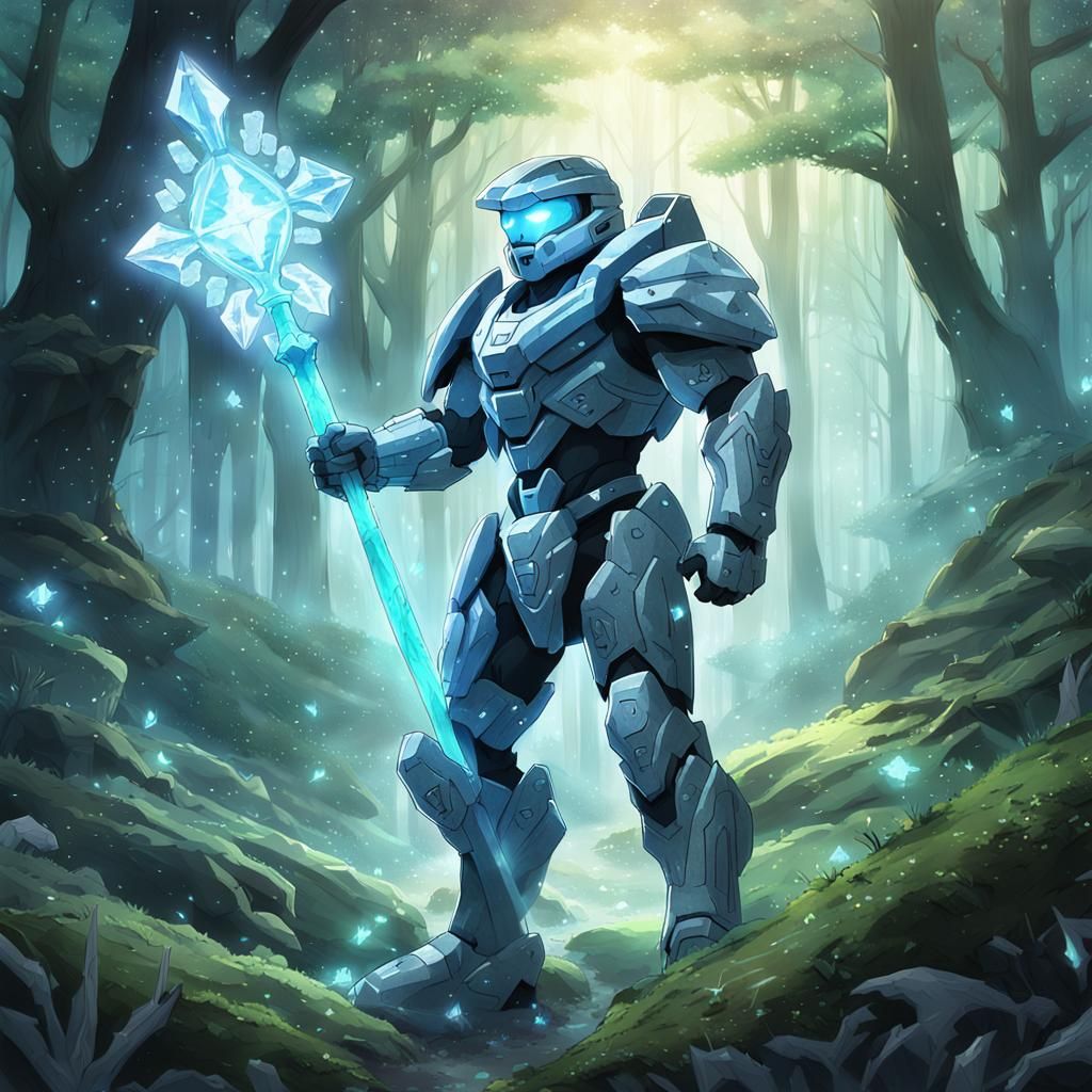 Crystal Golem Spartan in Mystical Anime Forest