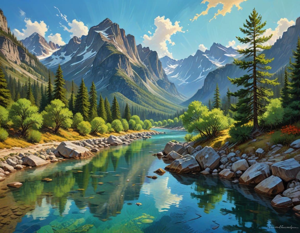 Majestic Mountain Valley River in Impasto Style