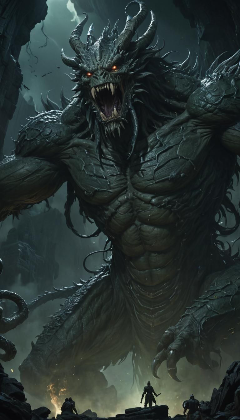 Monstrous Form Coiled in Darkness, Fantasy Concept Art