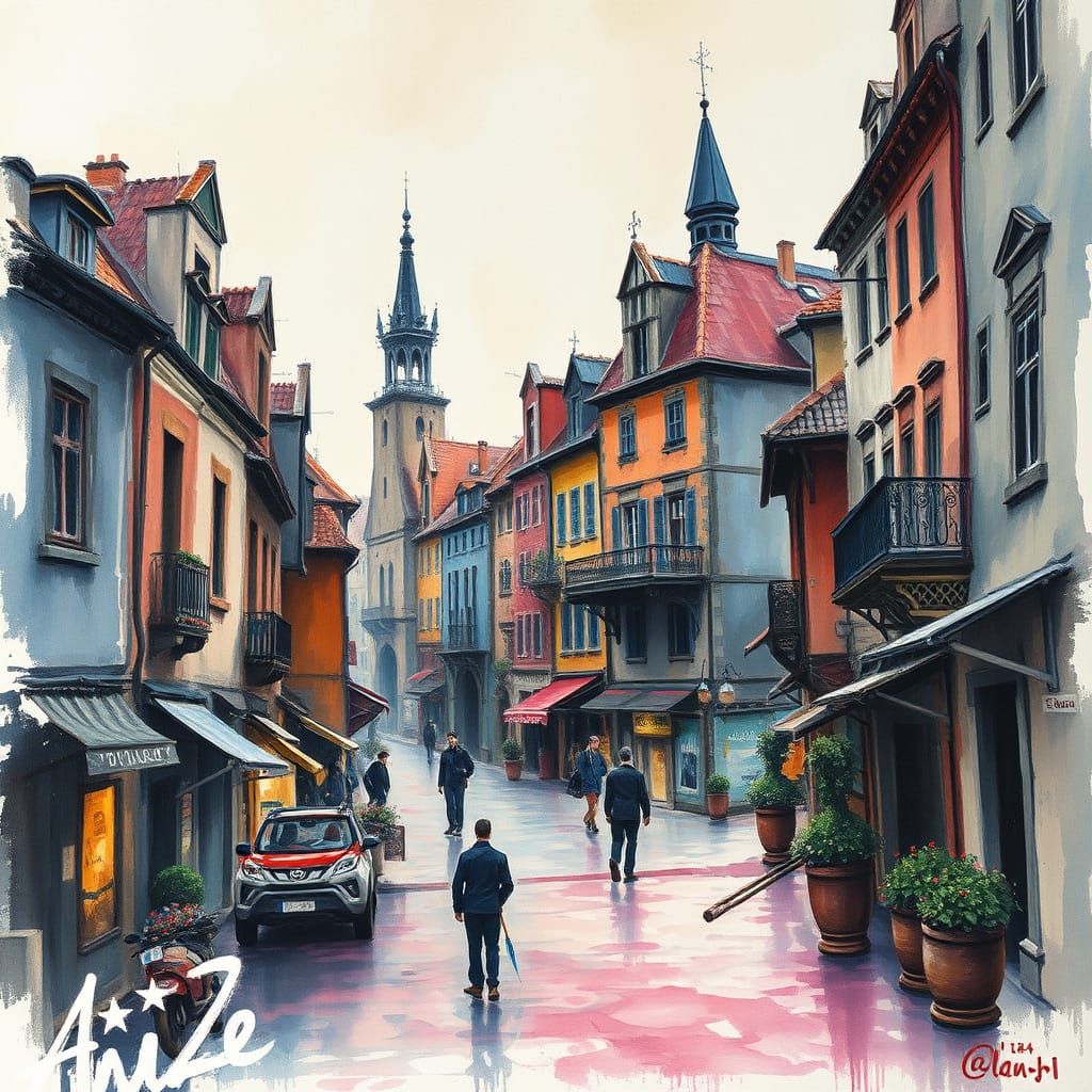 City Carnival in Gouache and Watercolor Style