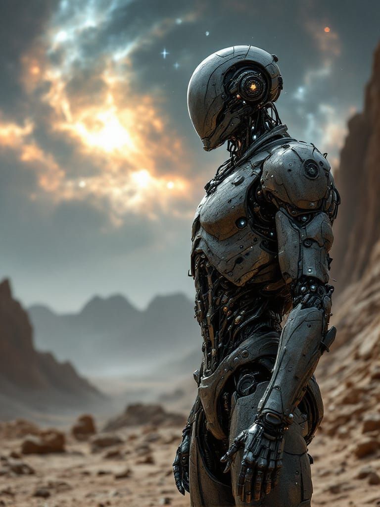 Weathered Android Gazes at Nebula on Alien World