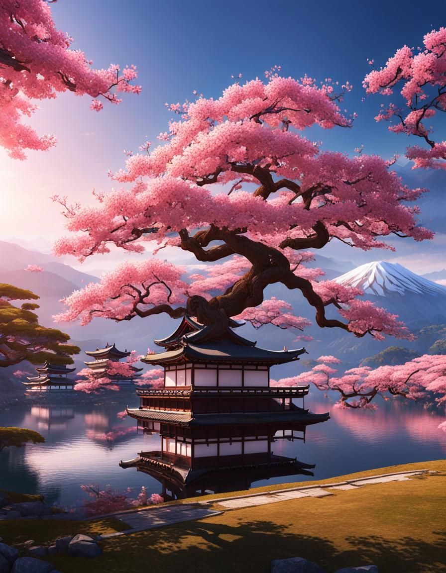 Sakura Tree by Lake: Detailed 3D Anime Art
