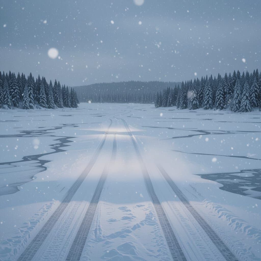 Realistic Frozen Lake Scene with Cars Driving in Snow