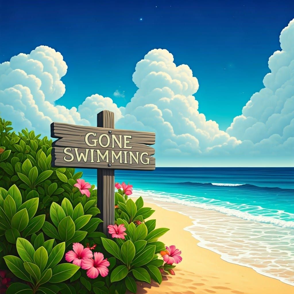 Gone Swimming: A Serene Beach Oasis in Cosmic Hues
