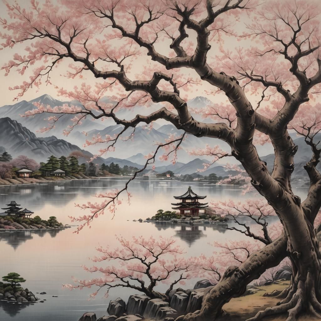 Sakura Tree Charcoal Drawing with Japanese Temples