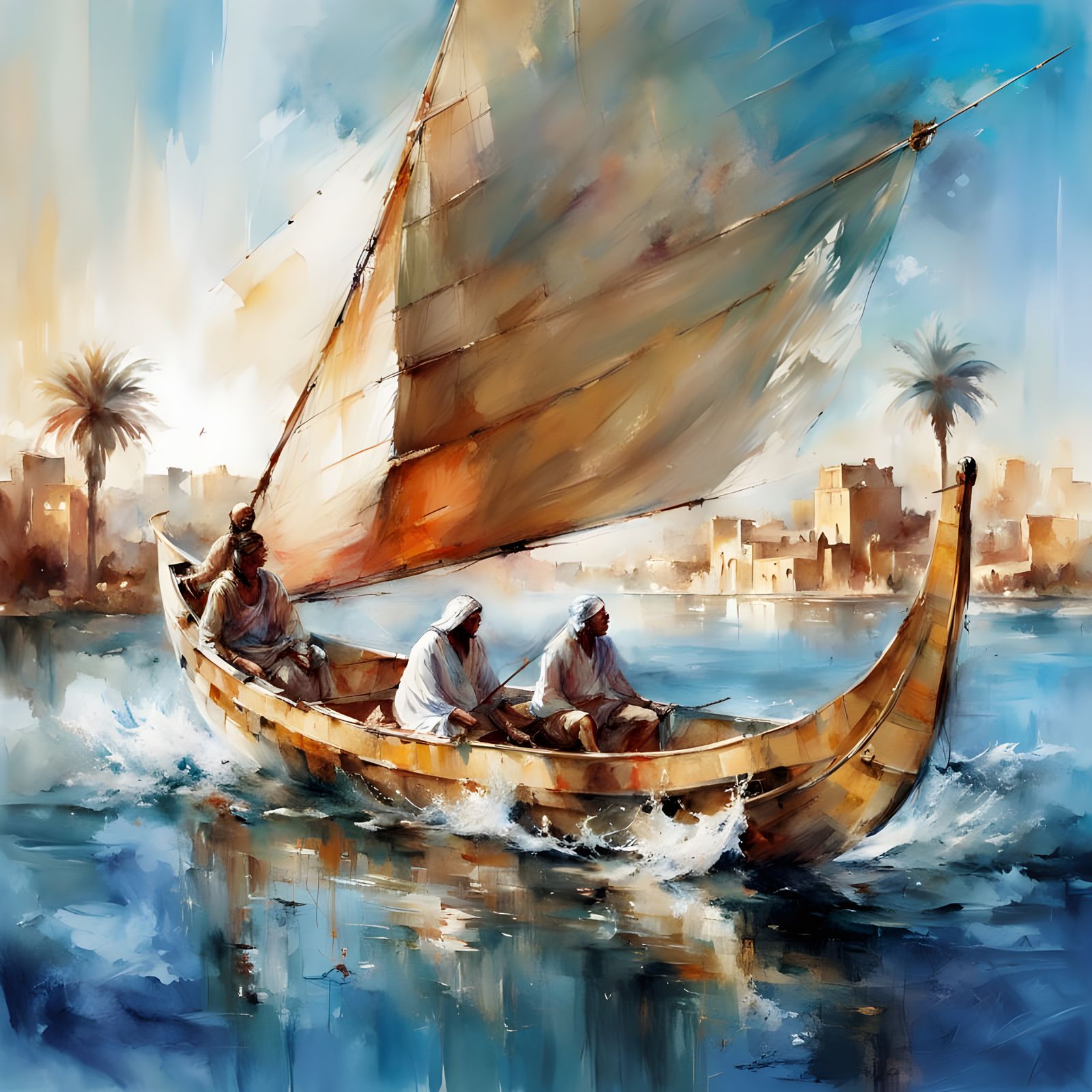 Ancient Egyptian Nile Boat Sailing at Sunrise
