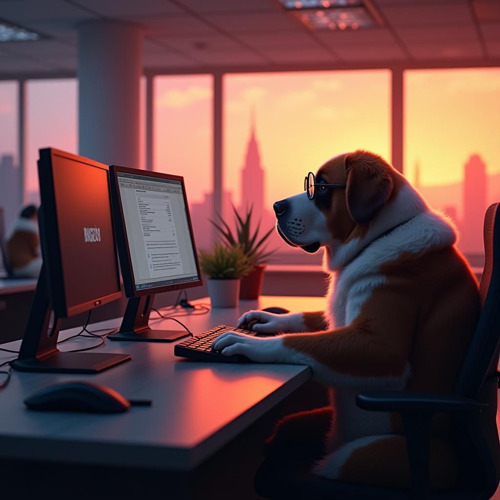 Saint Bernard Dogs Work in Futuristic Office