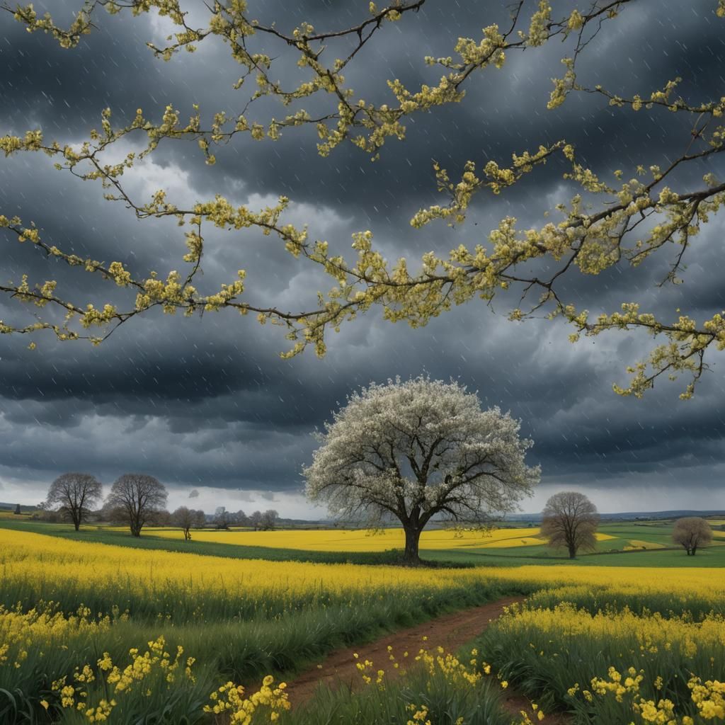 Blooming Cherry Tree in Stormy Spring Field