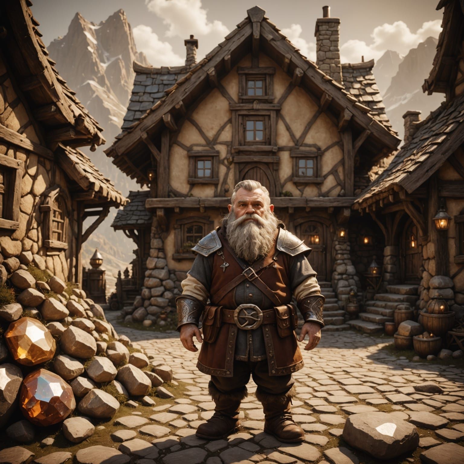 Dwarf Before Gemstone House in Sepia Tone