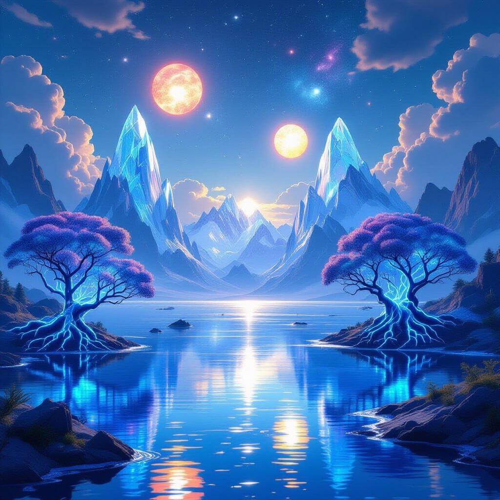 Surreal Crystal Mountains Reflect Twin Suns