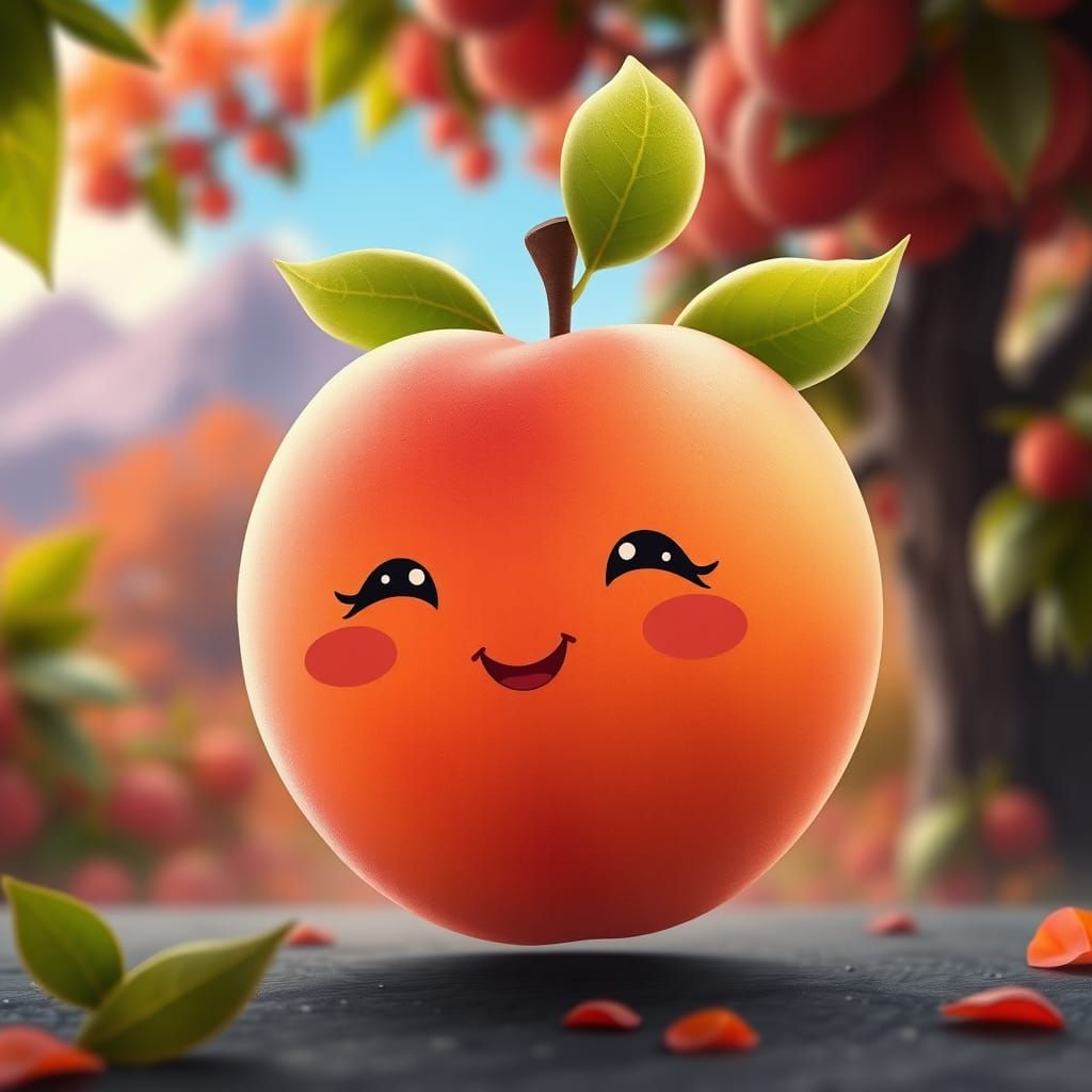 Vibrant Chibi Peach with Cinematic Background