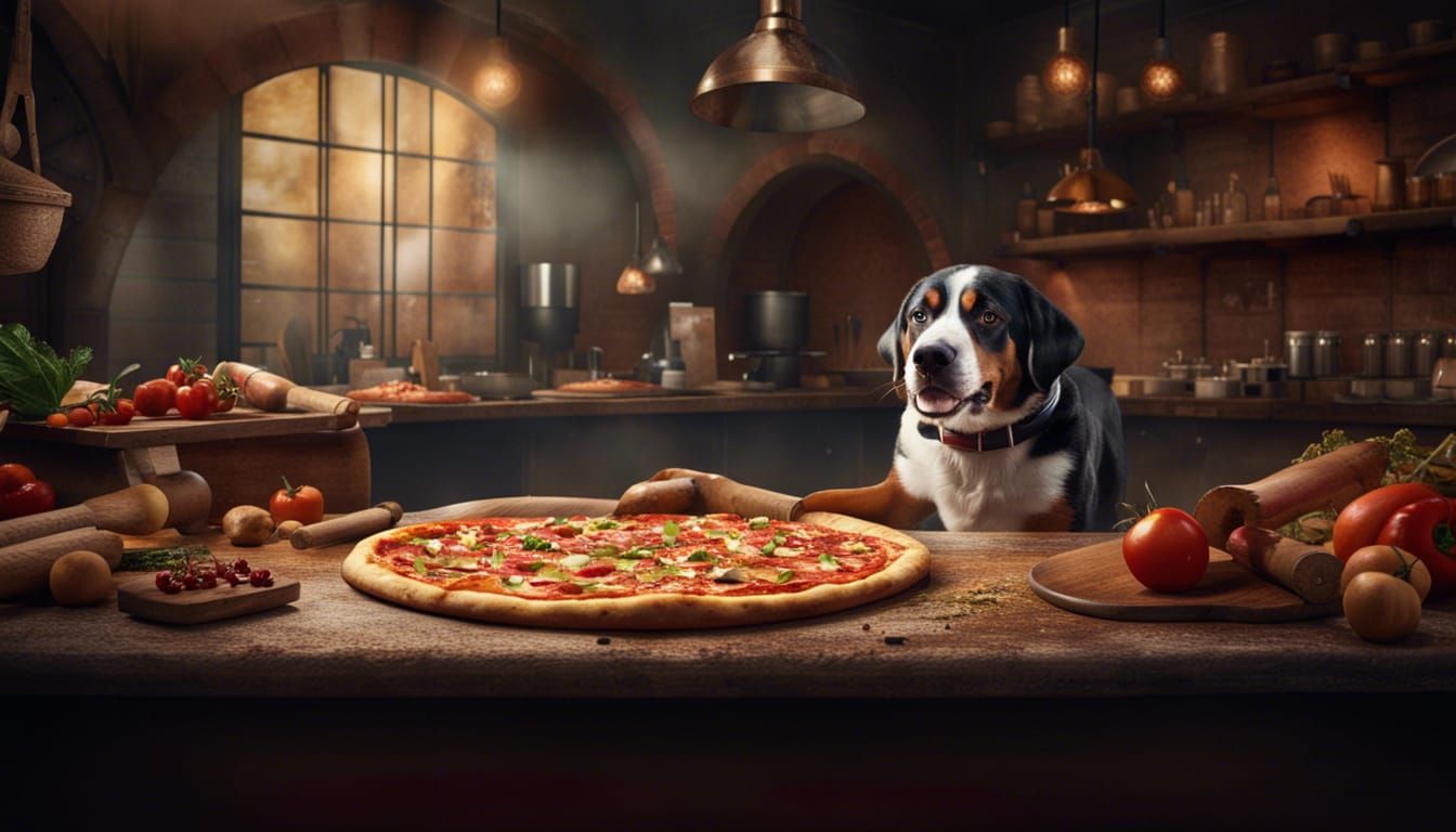 Swiss Mountain Dog Pizza Chef in Italian Pizzeria