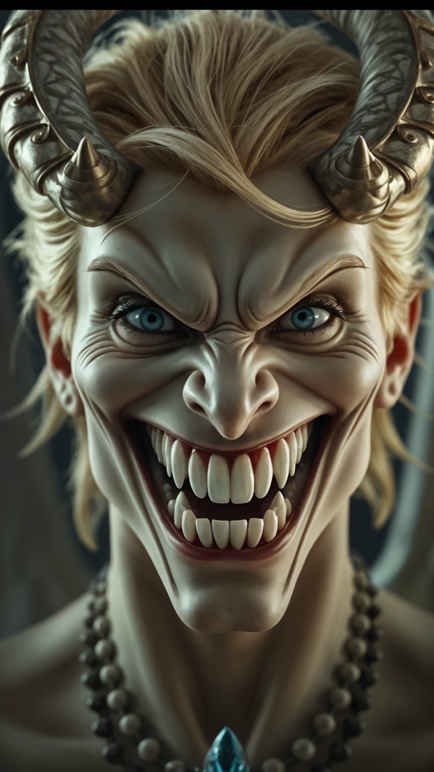 Evil Volo Grinning Psychotically in Hyperrealistic Horror