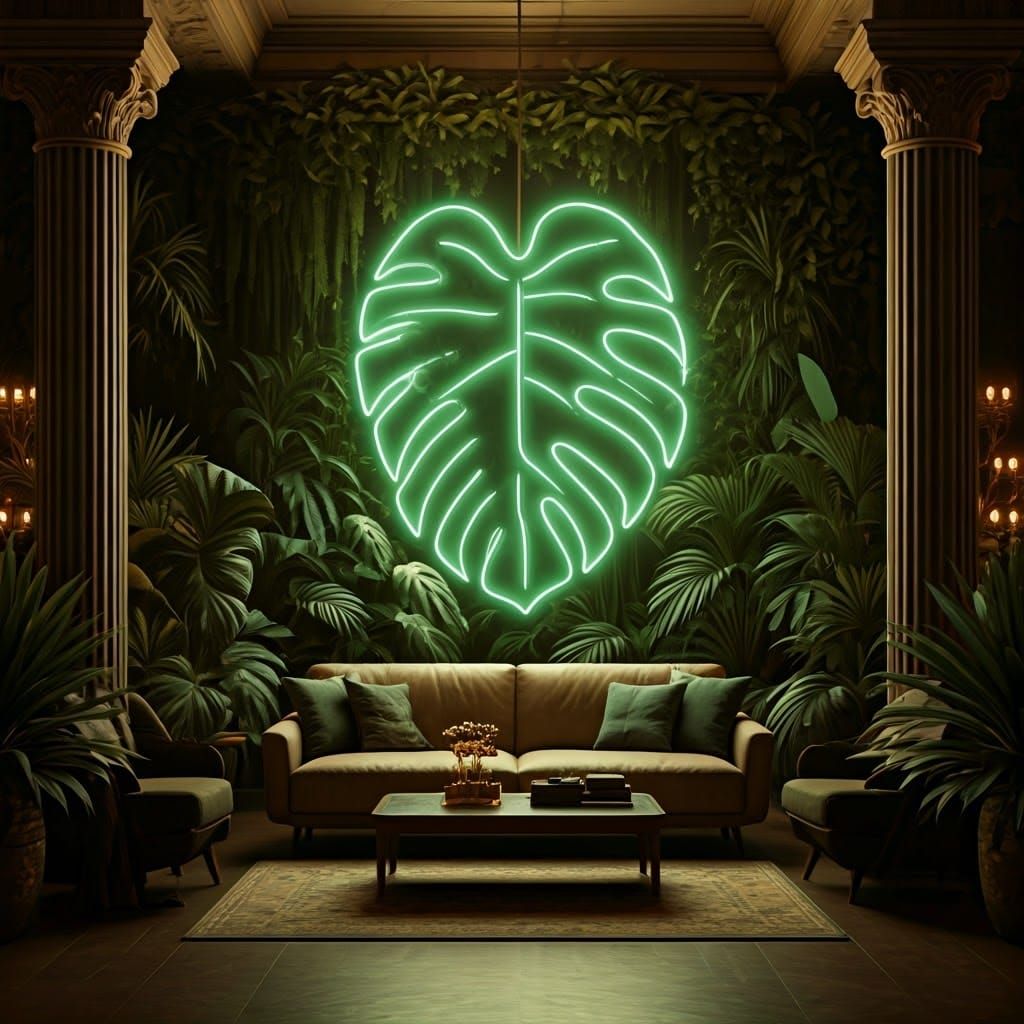 Neon Monstera Sculpture in Sumptuous Living Room