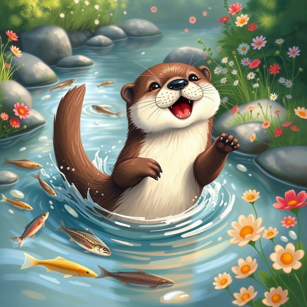 Whimsical Otter in Enchanted River Landscape