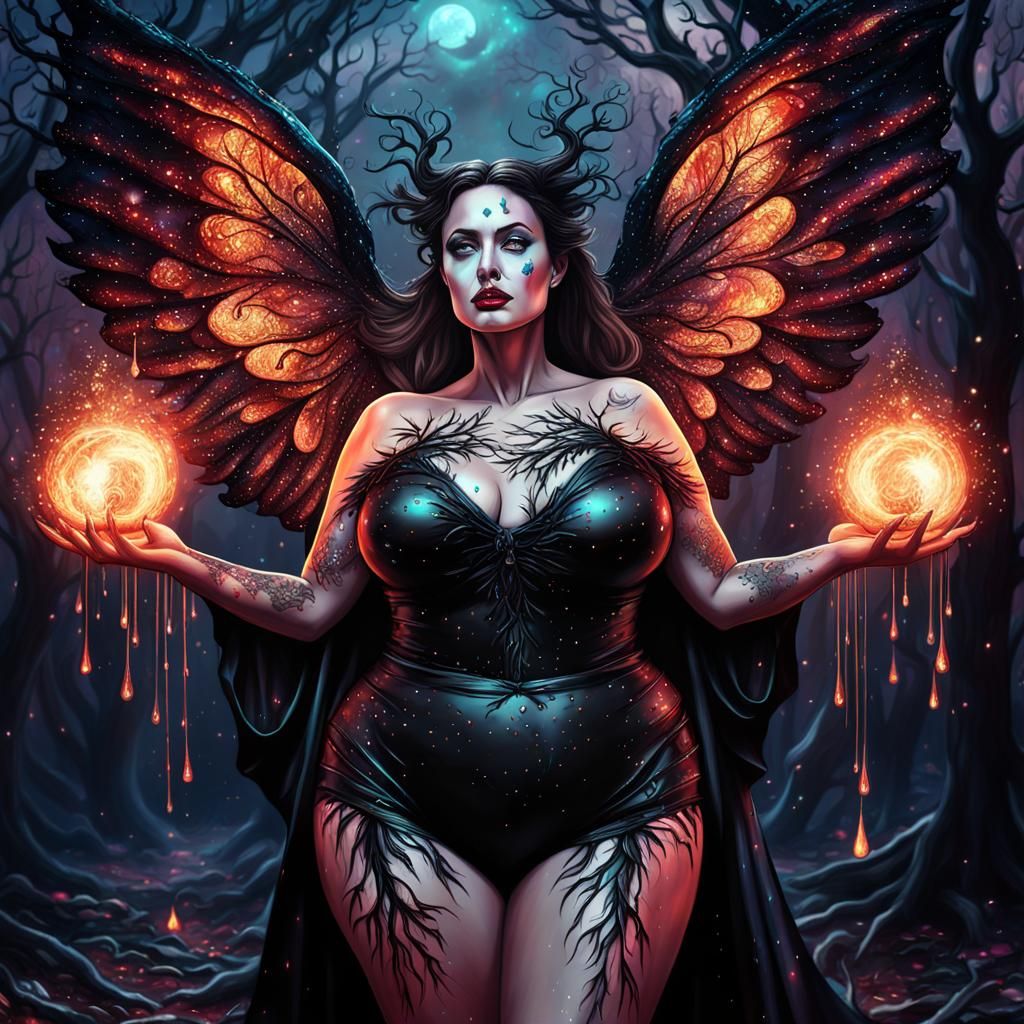 Creepy Witch with Fire Eyes and Wings