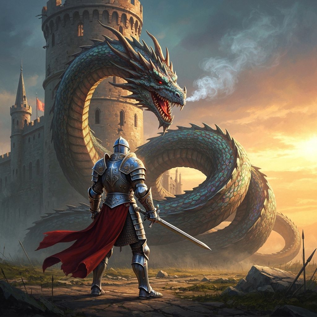Knight Confronts Dragon in Dark Fantasy Impasto Style