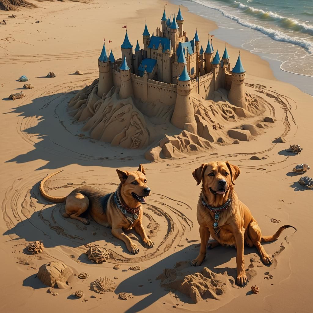 Dog Creates Sandcastle Art, Fantasy Beach Scene