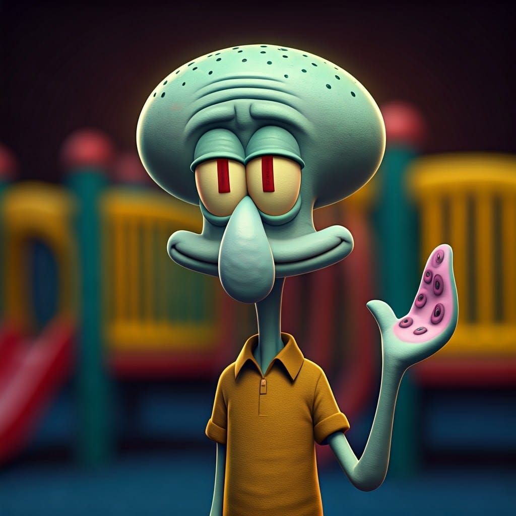Squidward Tentacles in a Vibrant Playground Scene - AI Art, image size:1024x1024
