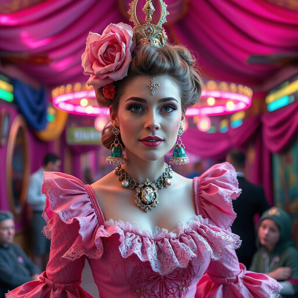 Victorian Circus Performer in Surreal Neon Landscape